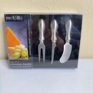 Metalla Cheese Tools Set of 3 Stainless Steel Fork Knife Spreader Prodyne Nib